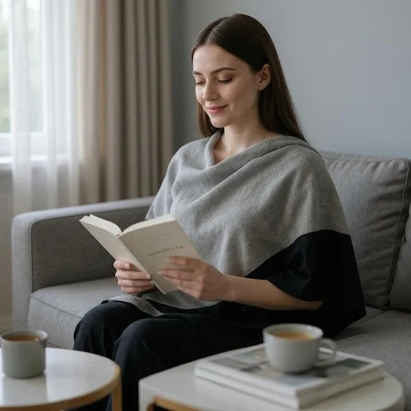 LOFT Sweater Knit Soft Grey & Charcoal Colorblock Poncho One Size - Picture 3 of 12